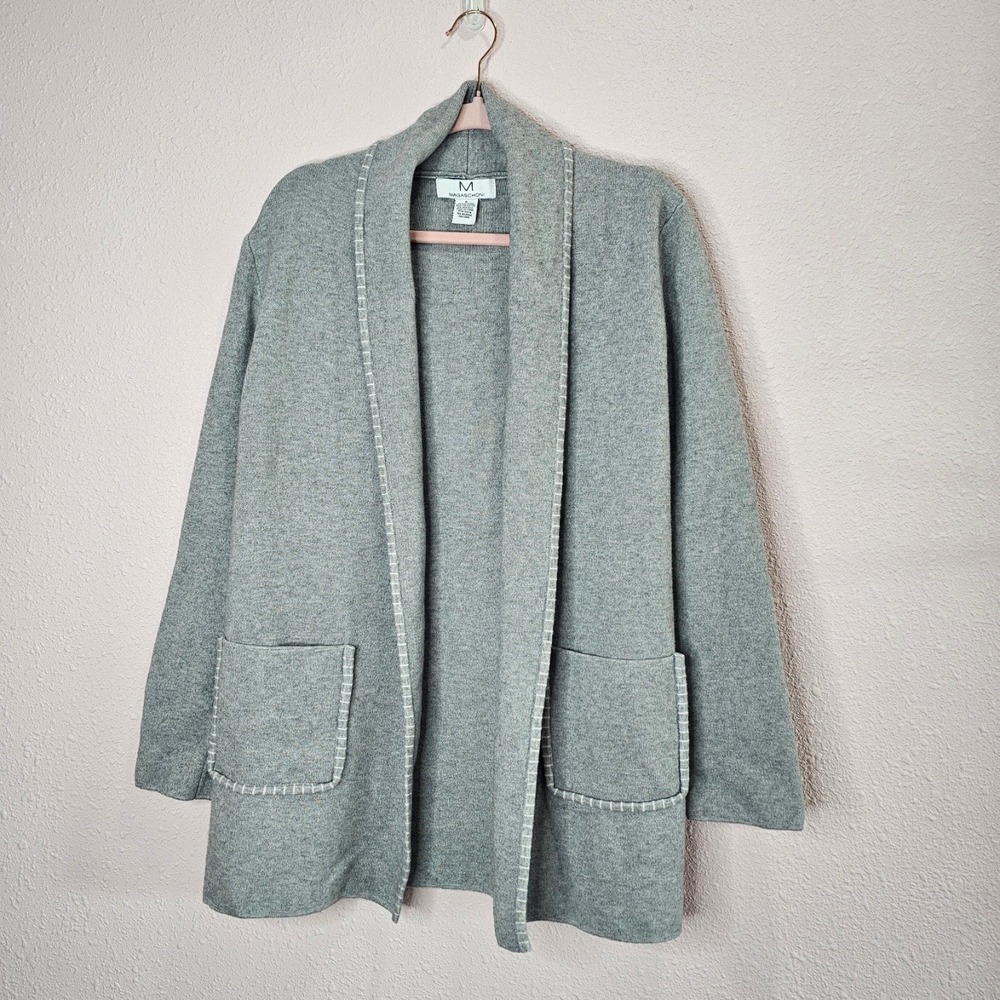 Magaschoni Gray Open Front Cardigan Shawl Collar Whipstitch Pockets Small S